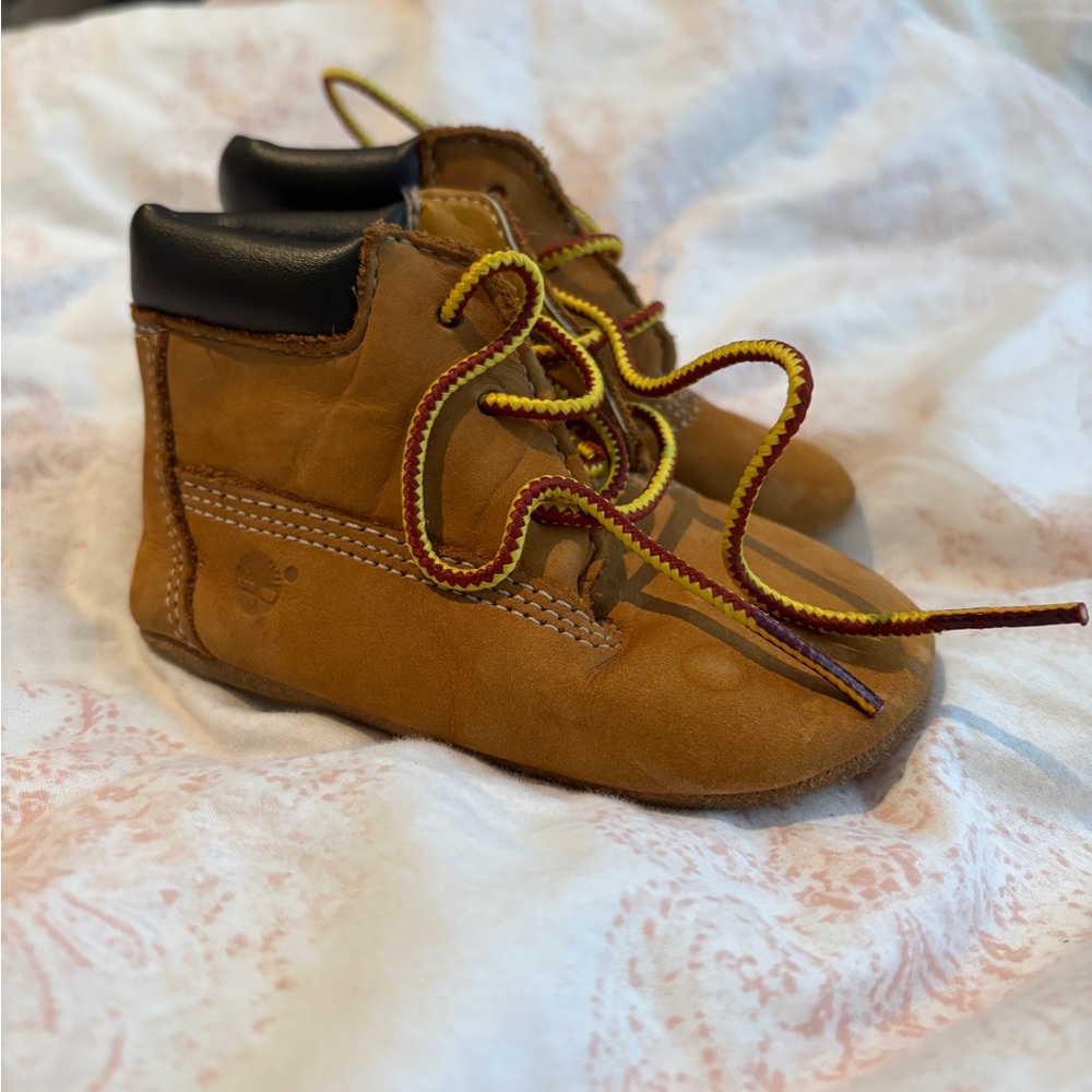 Timberland Tan Leather Baby Shoes with Black and Yellow Accents